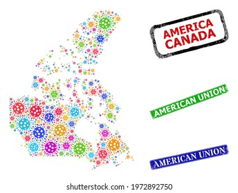 Vector coronavirus mosaic Canada v2 map, and grunge American Union seals. Vector colored Canada v2 map mosaic, and American Union textured framed rectangle stamp seals.