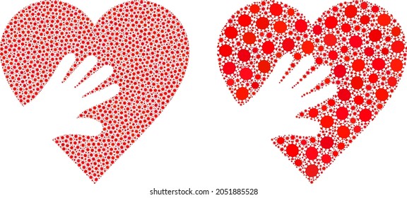 Vector coronavirus mosaic hand touch heart created for clinic posters. Mosaic hand touch heart is based on icon and it is constructed with biohazard covid viral parts.