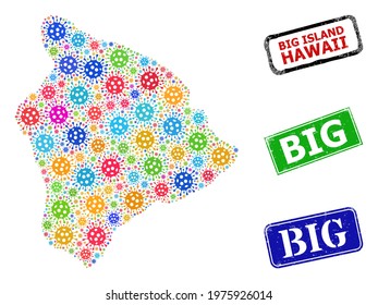Vector coronavirus mosaic Hawaii Big Island map, and grunge Big stamps. Vector colorful Hawaii Big Island map mosaic, and Big grunge framed rectangle seal imitations.