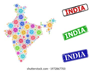 Vector coronavirus mosaic India map, and grunge stamps. Vector multi-colored India map collage, and corroded framed rectangle seal imitations.
