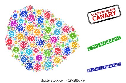 Vector coronavirus mosaic La Gomera Island map, and grunge 12 Days of Christmas seal stamps. Vector multi-colored La Gomera Island map collage,