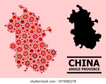 Vector coronavirus mosaic map of Anhui Province constructed for doctor purposes. Red mosaic map of Anhui Province is constructed with biohazard covid viral icons.