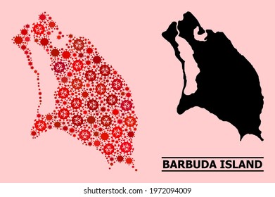 Vector coronavirus mosaic map of Barbuda Island constructed for clinic purposes. Red mosaic map of Barbuda Island is made with biohazard coronavirus viral elements.