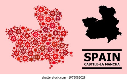 Vector coronavirus mosaic map of Castile-La Mancha Province designed for hospital posters. Red mosaic map of Castile-La Mancha Province is made of biohazard coronavirus infection parts.