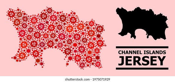 Vector coronavirus mosaic map of Jersey Island created for medicare advertisement. Red mosaic map of Jersey Island is created with biological hazard coronavirus pathogen icons.