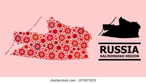 Vector coronavirus mosaic map of Kaliningrad Region constructed for hospital projects. Red mosaic map of Kaliningrad Region is constructed from biohazard flu pathogen items.