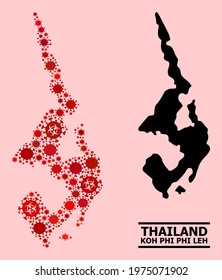 Vector coronavirus mosaic map of Koh Phi Leh done for lockdown wallpapers. Red mosaic map of Koh Phi Leh is shaped from biological hazard coronavirus viral items.