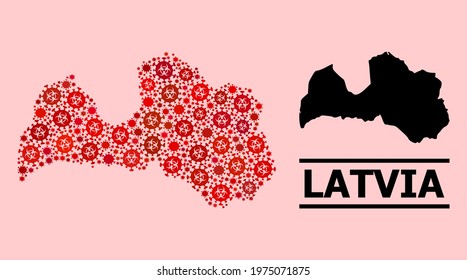 Vector coronavirus mosaic map of Latvia combined for health care wallpapers. Red mosaic map of Latvia is shaped of biological hazard coronavirus infection elements.