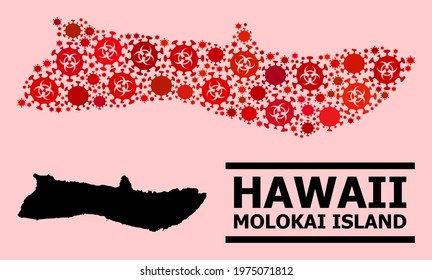 Vector coronavirus mosaic map of Molokai Island done for medicare projects. Red mosaic map of Molokai Island is designed with biological hazard covid-2019 pathogen icons.
