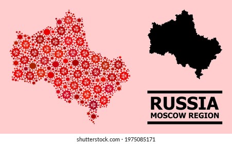 Vector coronavirus mosaic map of Moscow Region designed for clinic applications. Red mosaic map of Moscow Region is designed from biological hazard flu pathogen elements.