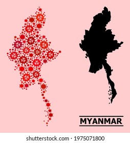 Vector coronavirus mosaic map of Myanmar created for medicare illustrations. Red mosaic map of Myanmar is created from biohazard coronavirus viral elements.