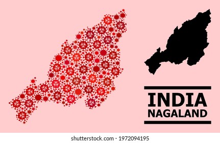 Vector coronavirus mosaic map of Nagaland State done for vaccination advertisement. Red mosaic map of Nagaland State is made with biological hazard coronavirus infection parts.