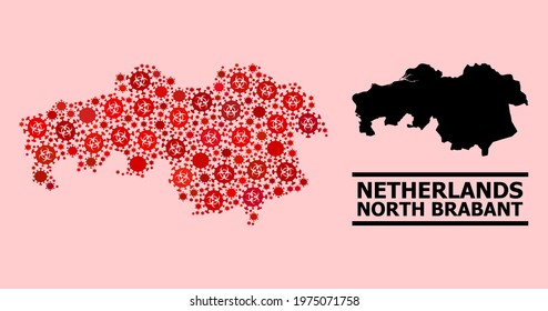 Vector coronavirus mosaic map of North Brabant Province organized for pharmacy applications. Red mosaic map of North Brabant Province is formed with biohazard coronavirus infection elements.