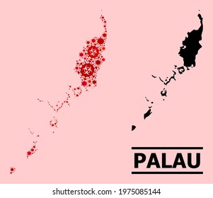 Vector coronavirus mosaic map of Palau Islands combined for medicare wallpapers. Red mosaic map of Palau Islands is organized with biohazard flu viral items.