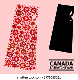 Vector coronavirus mosaic map of Saskatchewan Province designed for pandemic posters. Red mosaic map of Saskatchewan Province is created of biohazard coronavirus pathogen icons.