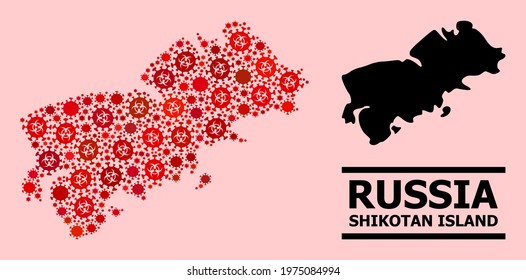 Vector coronavirus mosaic map of Shikotan Island designed for clinic wallpapers. Red mosaic map of Shikotan Island is designed of biohazard covid-2019 infection cells.