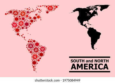 Vector coronavirus mosaic map of South and North America constructed for vaccination applications. Red mosaic map of South and North America is formed of biohazard coronavirus infection elements.