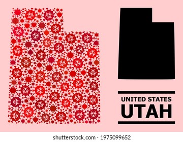 Vector coronavirus mosaic map of Utah State designed for doctor purposes. Red mosaic map of Utah State is composed with biological hazard covid-2019 infection cells.