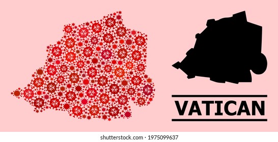 Vector coronavirus mosaic map of Vatican done for vaccination posters. Red mosaic map of Vatican is done from biohazard coronavirus viral parts.