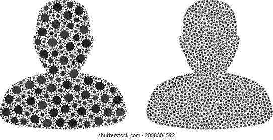 Vector coronavirus mosaic person profile organized for lockdown illustrations. Mosaic person profile is based on icon and it is done of biological hazard covid-2019 infection parts.