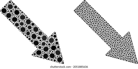 Mosaico de coronavirus vectorial flecha abajo creado para publicidad pandémica. La flecha hacia abajo del mosaico se basa en el icono y está compuesta por íconos de infección por el virus del coronavirus de riesgo biológico.