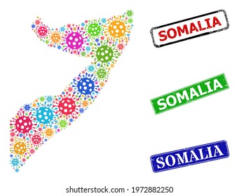 Vector coronavirus mosaic Somalia map, and grunge Somalia seal stamps. Vector multi-colored Somalia map mosaic, and Somalia corroded framed rectangle watermarks.