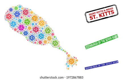 Vector coronavirus mosaic St Kitts Island map, and grunge Edinburgh of the Seven Seas seal stamps. Vector colorful St Kitts Island map mosaic,
