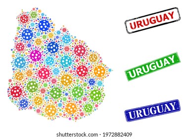 Vector coronavirus mosaic Uruguay map, and grunge Uruguay badges. Vector multi-colored Uruguay map mosaic, and Uruguay rubber framed rectangle stamp seals.