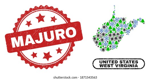 Vector coronavirus New Year collage West Virginia State map and Majuro corroded watermark. Majuro watermark uses rosette shape and red color.