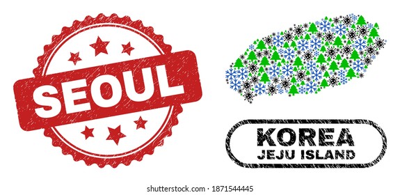 Vector coronavirus New Year collage Jeju Island map and Seoul grunge stamp. Seoul watermark uses rosette shape and red color. Collage Jeju Island map is organized of random Covid-2019, snow flake,
