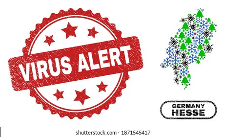 Collage de Año Nuevo Hesse Land del vector coronavirus y sello sucio de alerta de virus. El sello de alerta de virus usa forma de rosette y color rojo. El mapa de la Tierra de Collage Hesse está formado por virus al azar,
