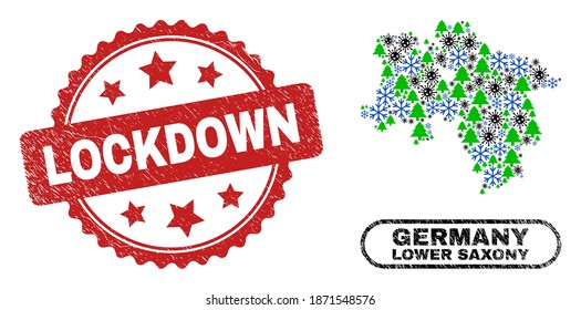 Vector coronavirus New Year collage Lower Saxony Land map and Lockdown textured stamp print. Lockdown stamp seal uses rosette shape and red color.