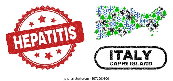 Collage del Año Nuevo del coronavirus vectorial, mapa de la isla de Capri y sello inmune de la hepatitis. El sello de hepatitis usa forma de rosette y color rojo. El mapa de la isla Collage de Capri se crea con un copo de nieve viral aleatorio,