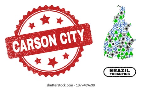 Vector Coronavirus Neujahr Collage Tocantins State Map und Carson City schmutzigen Stempel Imitation. Die Carson City Stempel-Robbe verwendet Rosette-Form und rote Farbe.