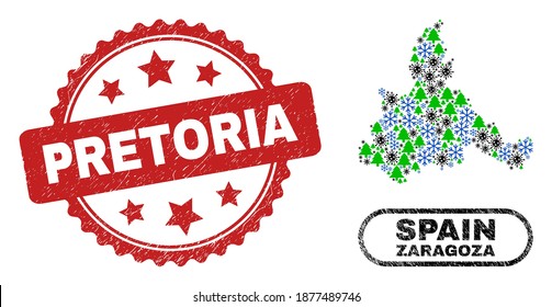 Vector coronavirus New Year collage Zaragoza Province map and Pretoria dirty seal. Pretoria seal uses rosette shape and red color. Collage Zaragoza Province map is designed of randomized flu virus,