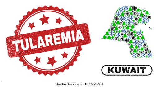 Vector coronavirus New Year collage Kuwait map and Tularemia dirty stamp imitation. Tularemia stamp seal uses rosette shape and red color. Collage Kuwait map is made of randomized coronavirus, frost,