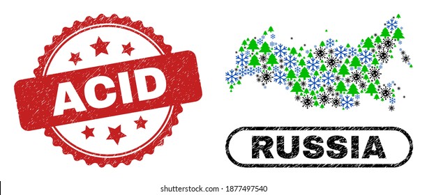 Vector coronavirus New Year collage Russia map and Acid scratched stamp. Acid stamp seal uses rosette shape and red color. Collage Russia map is created from scattered viral, frost,