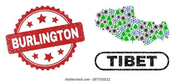 Vector coronavirus New Year collage Tibet map and Burlington textured watermark. Burlington watermark uses rosette shape and red color. Collage Tibet map is constructed with randomized coronavirus,