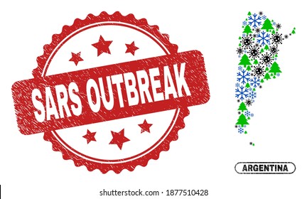 Vector coronavirus New Year collage Argentina map and Sars Outbreak corroded stamp. Sars Outbreak watermark uses rosette shape and red color. Collage Argentina map is formed of scattered Covid-2019,