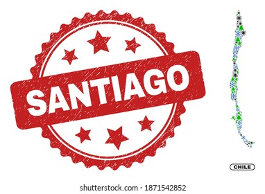 Vector coronavirus New Year combination Chile map and Santiago scratched stamp seal. Santiago stamp seal uses rosette shape and red color. Collage Chile map is composed with random covid- 2019 virus,