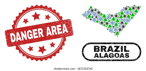 Vector coronavirus New Year combination Alagoas State map and Danger Area corroded stamp imitation. Danger Area stamp uses rosette shape and red color.