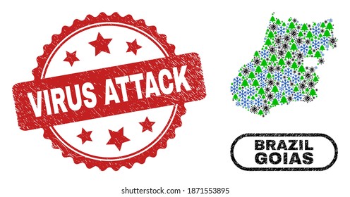 Vector coronavirus New Year combination Goias State map and Virus Attack rubber stamp imitation. Virus Attack watermark uses rosette shape and red color.