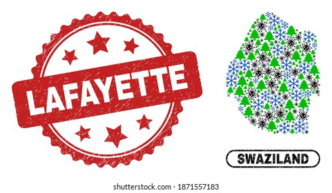 Vector coronavirus New Year combination Swaziland map and Lafayette scratched stamp. Lafayette stamp uses rosette shape and red color. Collage Swaziland map is created with randomized SARS virus,