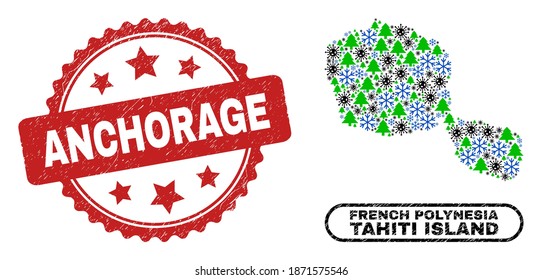 Vector coronavirus New Year combination Tahiti Island map and Anchorage textured stamp. Anchorage stamp seal uses rosette shape and red color. Collage Tahiti Island map is done with scattered virus,