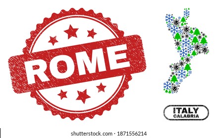 Composición de Año Nuevo del Vector coronavirus Mapa de la región de Calabria y Tapa de la marca texturizada de Roma. La marca de agua de Roma utiliza la forma de rosette y el color rojo.