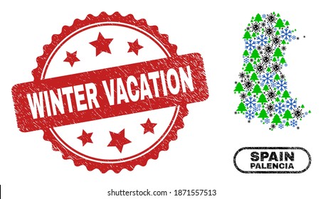 Vector Coronavirus Neujahr Zusammensetzung Palencia Provinz Karte und Winter Urlaub korrodierte Robbe. Winterurlaub-Siegel verwendet Rosette Form und rote Farbe.