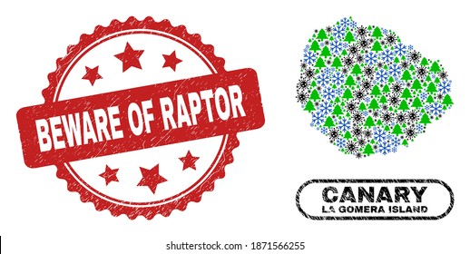 Vector coronavirus New Year composition La Gomera Island map and Beware of Raptor scratched seal. Beware of Raptor imprint uses rosette shape and red color.