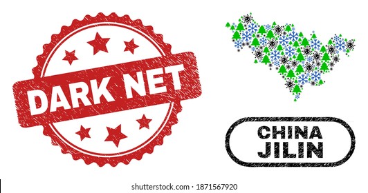 Vector coronavirus New Year composition Jilin Province map and Dark Net corroded stamp seal. Dark Net stamp seal uses rosette shape and red color.