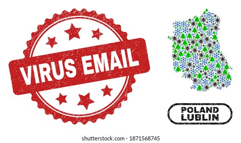 Vektorcoronavirus Neujahrskomposition Lublin Voivodeship Karte und Virus E-Mail grunge Briefmarkenimitation. Virus E-Mail-Siegel verwendet Rosette Form und rote Farbe.