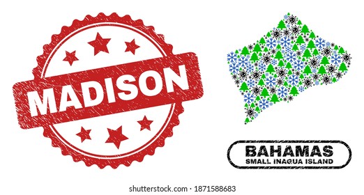 Vector coronavirus New Year composition Small Inagua Island map and Madison rubber watermark. Madison imprint uses rosette shape and red color.
